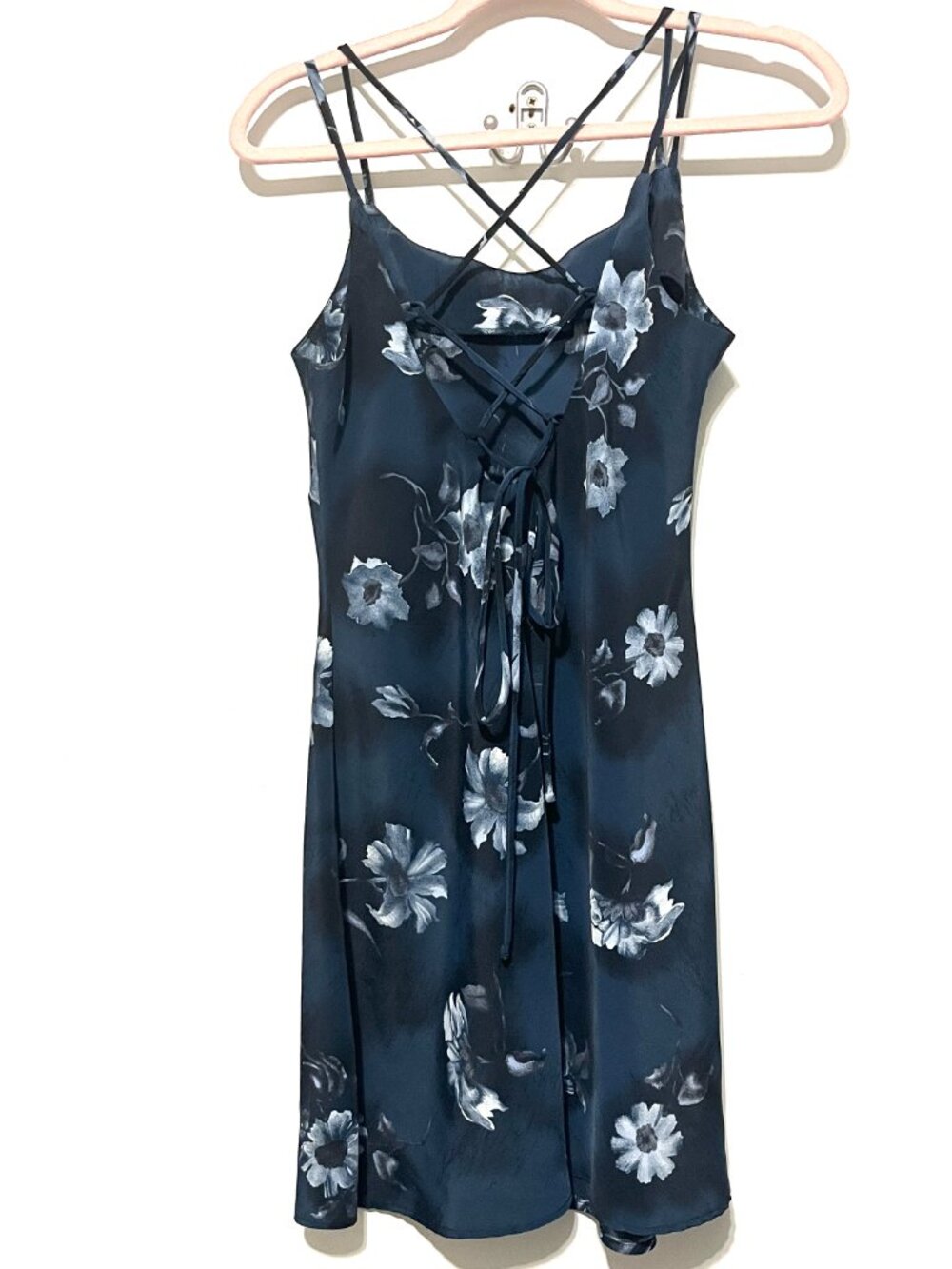 Womens Y2K Dark Fairy Lace Up Tie Back Slip Dress 6P Bias Whimsigoth Blue Floral - Picture 4 of 6
